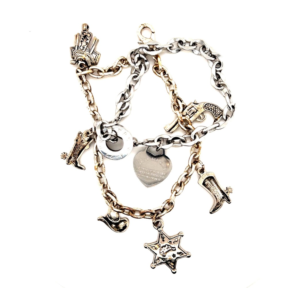 Western Charm Bracelet Set Proverbs 4:23 Heart Cowboy Boots Sheriff Star Silver